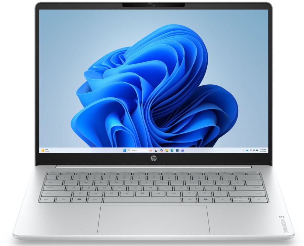 Notebook HP OmniBook 3 14-hu0001ncx + Game Pass předplatné na 2 měsíce stříbrný Notebook HP OmniBook 3 s otevřeným displejem a klávesnicí zepředu