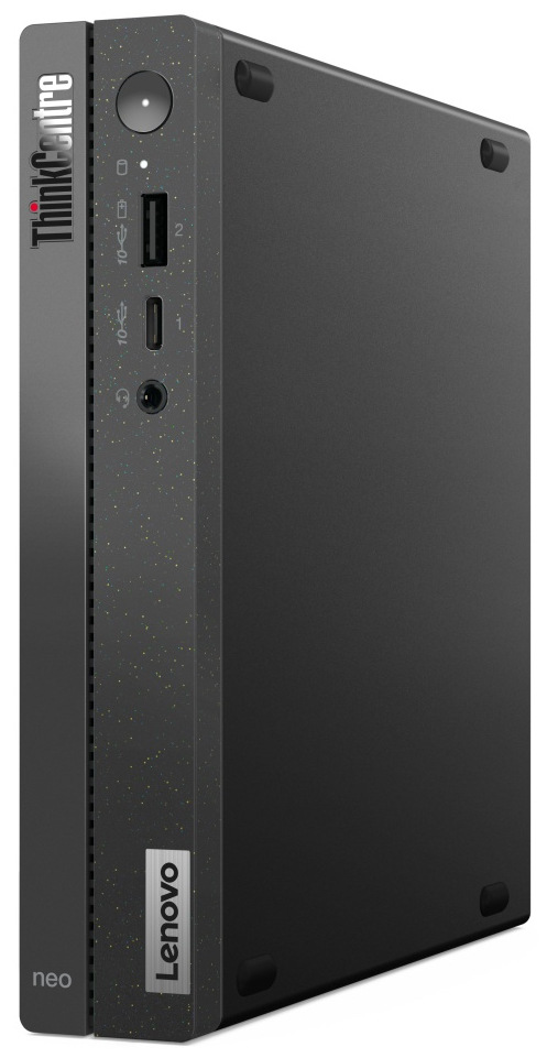 Snímek mini PC na výšku. Vidíme čelo a spodek PC. Na čele jsou USB a audio porty a tlačítko pro zapnutí a vypnutí PC.