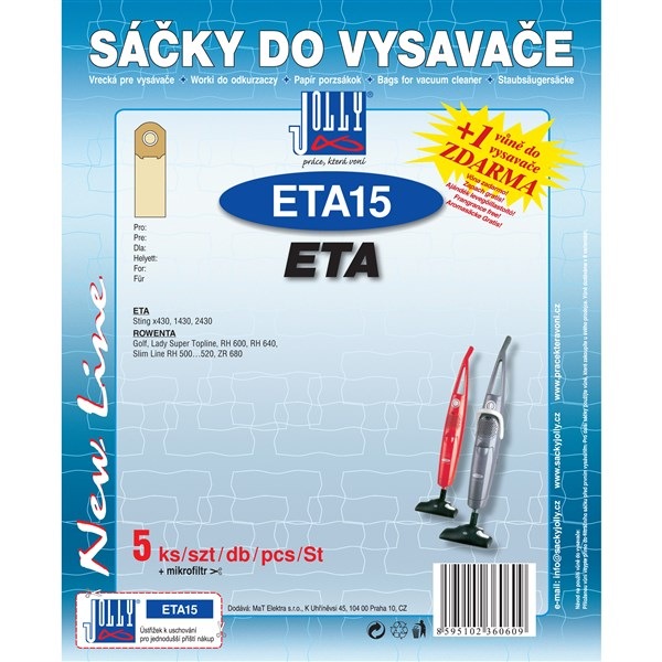 Sáčky Jolly do vysavače ETA a Rowenta v počtu 5 + 1 ks, snadná instalace