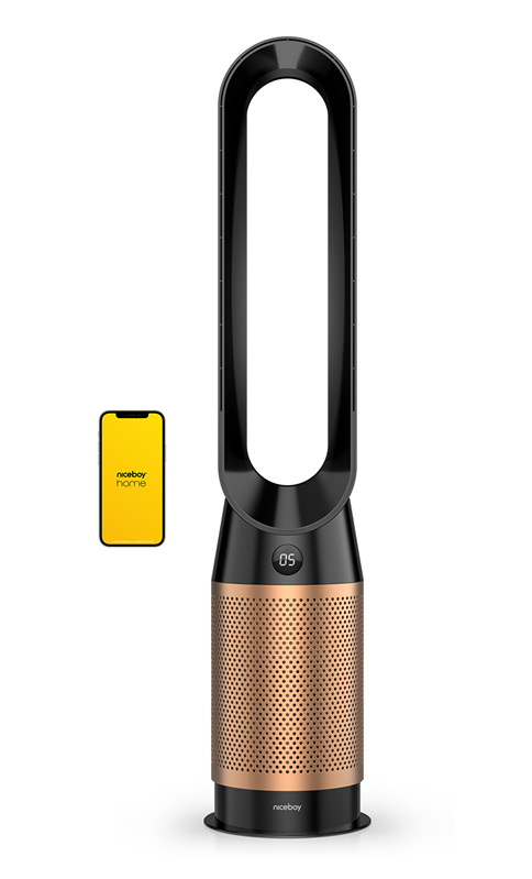 Sloupový ventilátor Niceboy Tower PRO, černá a zlatá barva.