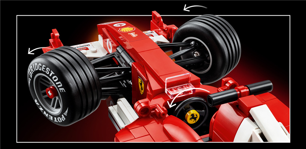 Model Ferrari F2004 z kostek LEGO připomíná legendární monopost a nabízí propracované detaily pro fanoušky F1.