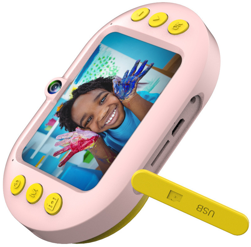 Digitální fotoaparát AgfaPhoto Realikids Water Proof růžový Voděodolný fotoaparát AgfaPhoto Realikids Cam Waterproof postavený na stojánku.