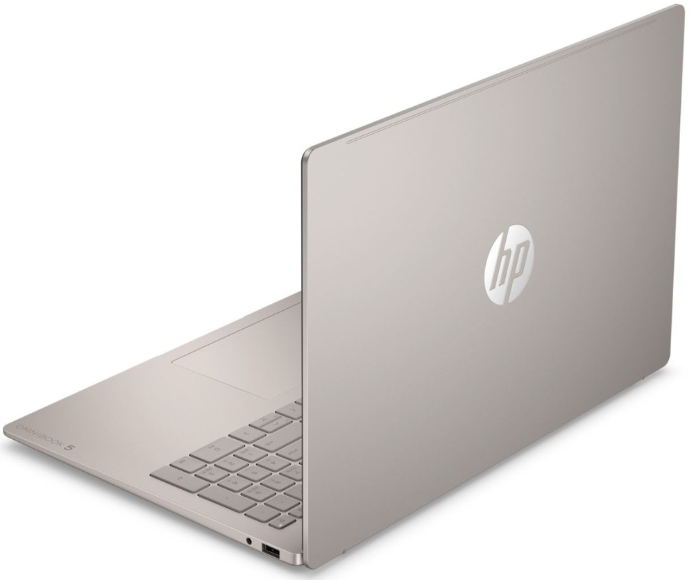Notebook HP OmniBook 5 16-bp0001ncx + Game Pass předplatné na 2 měsíce béžový Zadní pohled na notebook HP OmniBook 5 s logem HP na víku