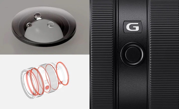 Objektiv Sony E 16-55 f/2.8 G černý Obrázek produktu s označeným přepínačem režimu ostření a ilustrací popisující konstrukci odolnou proti prachu a vlhkosti