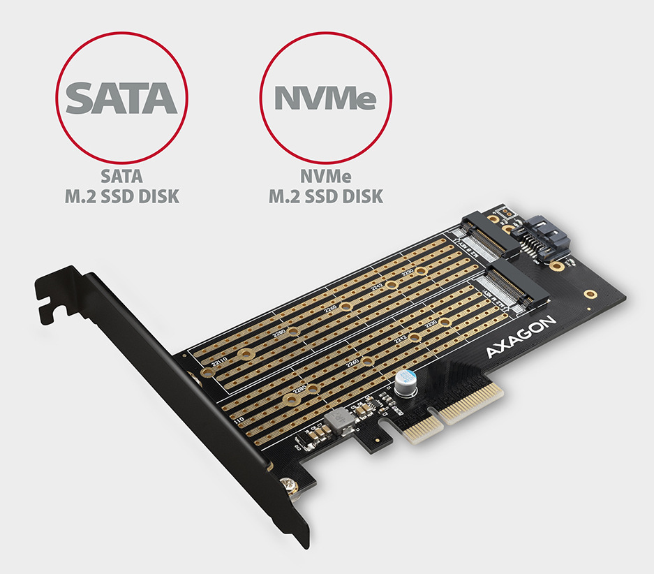 Řadič Axagon PCEM2-D - M.2 NVMe M-key + SATA B-key slot