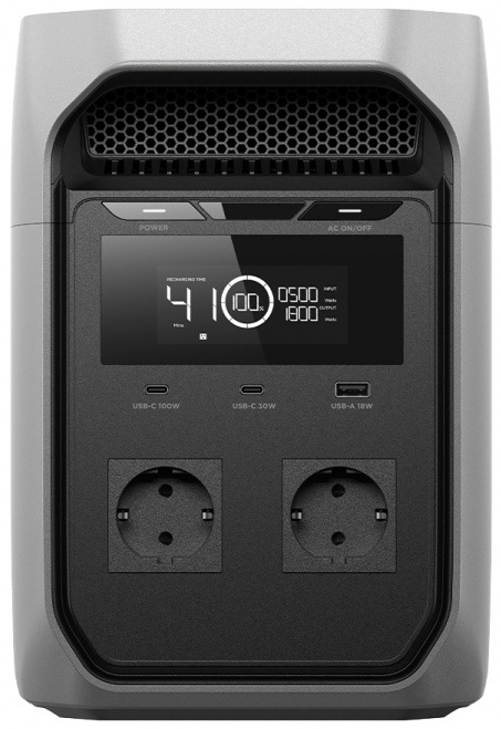 Nabíjecí stanice EcoFlow DELTA 3 Classic (1024 Wh) šedá Přední panel EcoFlow DELTA 2 s displejem, USB porty a dvěma AC zásuvkami.