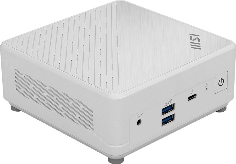 PC mini MSI Cubi 5 1M-611EU bílý Mini PC MSI Cubi 5 z šikmého pohledu v bílém provedení, s USB-A, USB-C, audio konektorem, tlačítkem napájení a bočním větráním.