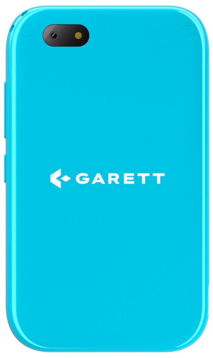 Zadní strana dětského telefonu Garett Smartphone OneKid v modré barvě s logem Garett