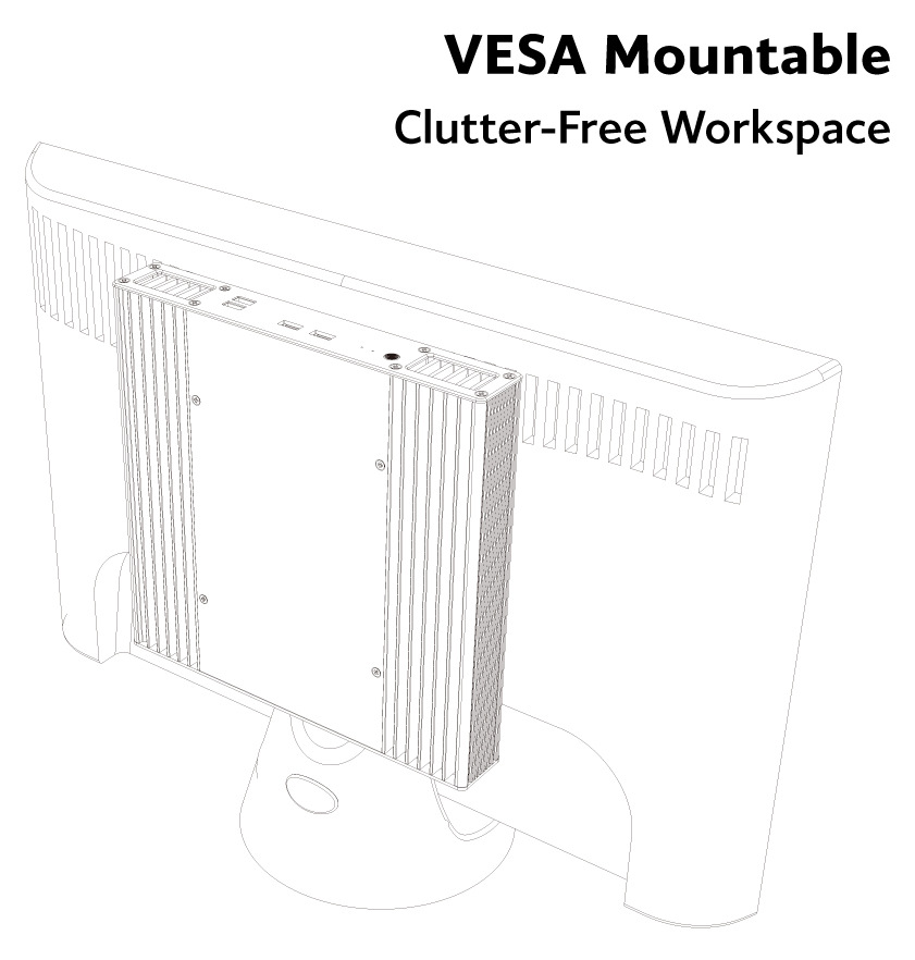 Case AKASA Plato RC for ASUS NUC 14 Pro černá Na obrázku je ilustrační render, který ukazuje VESA montáž skříně AKASA Plato RC na zadní stranu monitoru. Skříň je uchycená svisle za monitorem, aby nezabírala místo na stole a pracovní prostor působil čistě. Text „VESA Mountable – Clutter-Free Workspace“ zdůrazňuje úsporu místa a skryté umístění mini-PC.