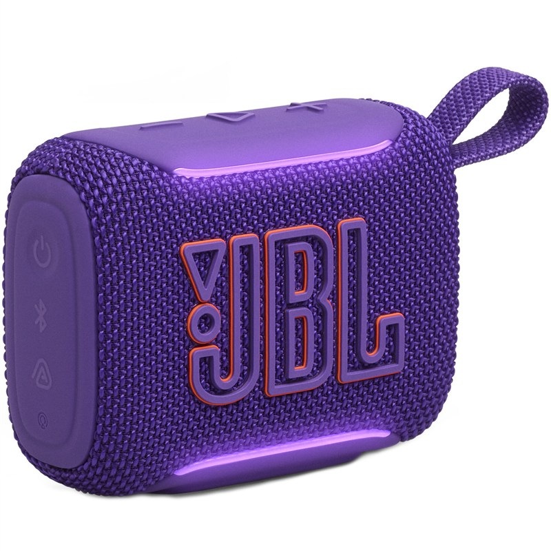 Přenosný reproduktor JBL GO5 ve fialové barvě.
