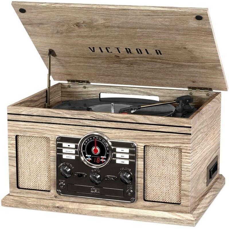 Retro gramofon Victrola Empire s přenoskou a jehlou nad vinylovou deskou