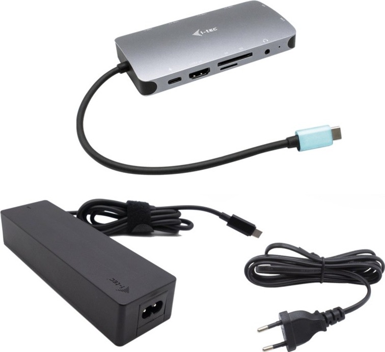 Dokovací stanice i-tec s USB-C kabelem, 100W napájecím adaptérem a síťovým kabelem.
