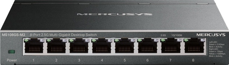 Switch Mercusys MS108GS-M2 (MS108GS-M2) černý Přední pohled na černý switch Mercusys MS108GS-M2 s osmi porty RJ45 a LED kontrolkami.