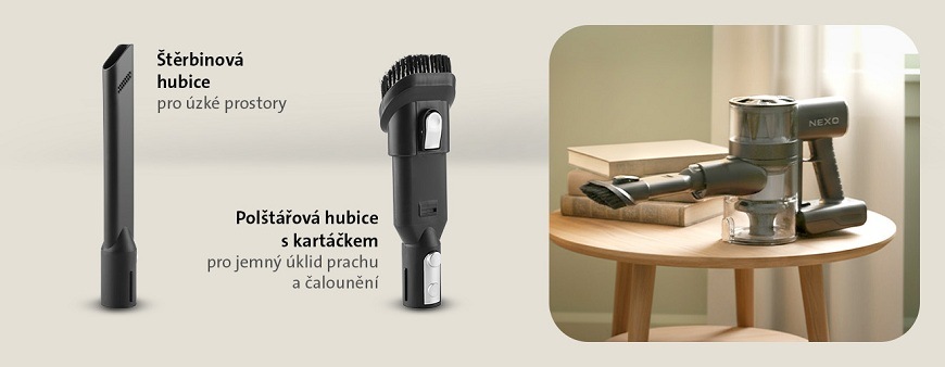 Tyčový vysavač ETA Nexo 1249 90000 černý Detail příslušenství vysavače ETA Nexo: dlouhá úzká štěrbinová hubice a kombinovaná polštářová hubice s jemným kartáčkem na textil
