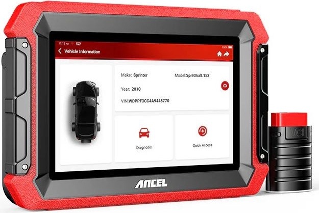 Diagnostika vozu Ancel DS600 černá Diagnostický tablet Ancel DS600 zepředu s dotykovým displejem zobrazujícím informace o vozidle, vedle něj bezdrátové rozhraní VCI.