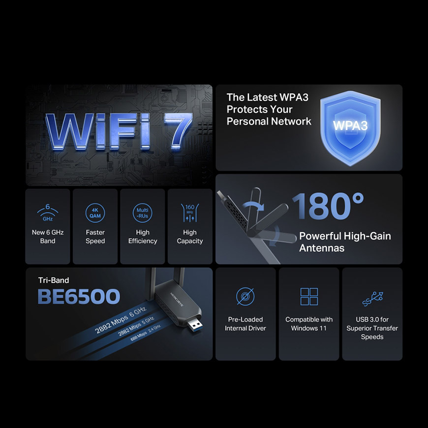 Wi-Fi adaptér Mercusys MA37BEH, BE6500 High Gain Wi-Fi 7 černý Wi-Fi adaptér Mercusys MA37BEH, BE6500 High Gain Wi-Fi 7