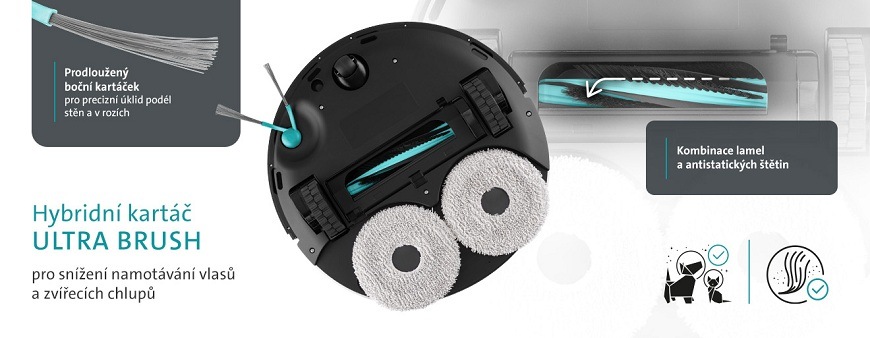 Spodní strana robotického vysavače ETA Nuovo 30 s hybridním kartáčem Ultra Brush proti namotávání vlasů a bočním kartáčkem