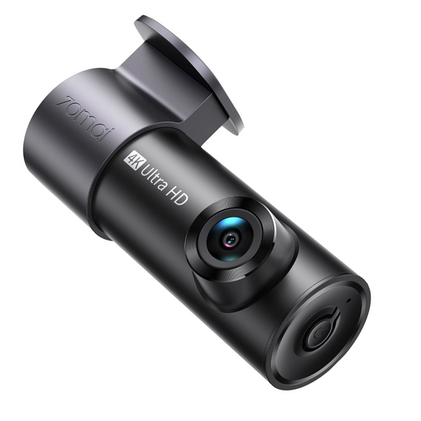 Černá válcová autokamera 70mai M310 Plus 4K bez displeje, s předním objektivem, ovládacím tlačítkem a držákem pro připevnění na čelní sklo.
