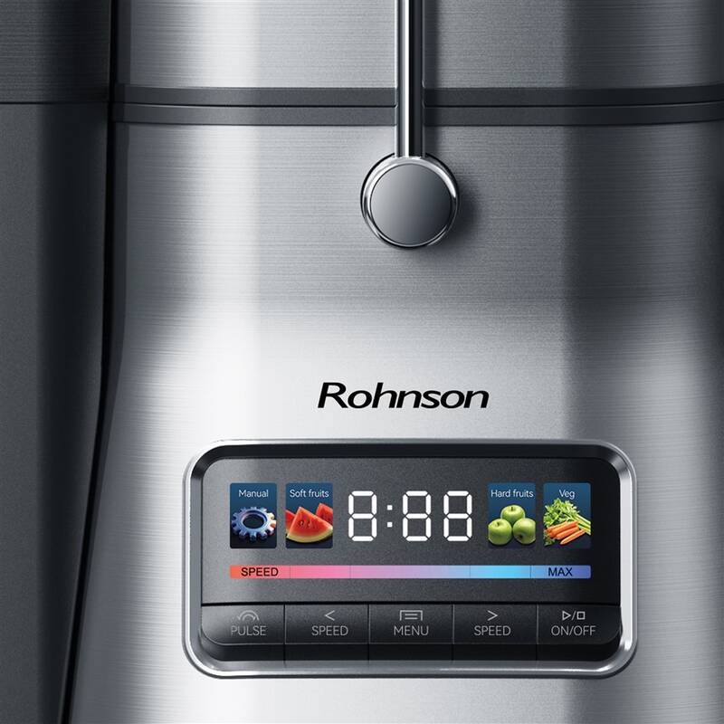 Odšťavňovač Rohnson R-4010 1 500 W černý/stříbrný Detail digitálního LCD displeje odšťavňovače Rohnson R-4010 se zobrazením programů a rychlosti.