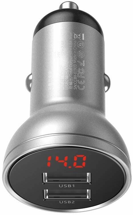 Adaptér do auta Baseus Digital Display Dual 2x USB, 4,8A, 24W stříbrný