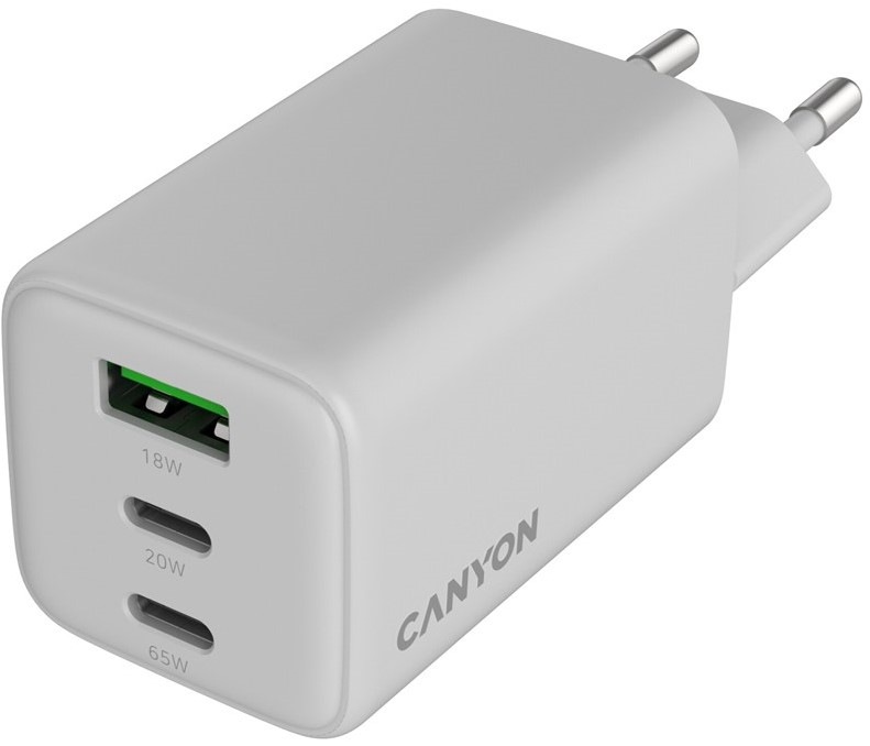 Nabíječka do sítě Canyon GaN 2xUSB-C/1xUSB-A 65 W - bílá