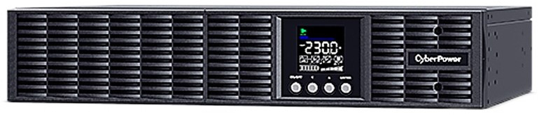 Záložní zdroj CyberPower Professional Advanced OnLine S 1000VA/900W,2U černý Na obrázku je černý rackový UPS zdroj CyberPower v nízkém 2U provedení. Přední panel tvoří široká ventilační mřížka, uprostřed malý LCD displej s hodnotou 230,0 a pod ním čtyři ovládací tlačítka. Vpravo je logo CyberPower a celé zařízení působí profesionálně a robustně pro serverové použití.