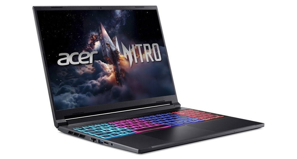 Notebook Acer Nitro V 16S (ANV16S-71-9375) černý Otevřený a zapnutý notebook Acer Nitro V 16S (ANV16S-71-9375) otočený doprava