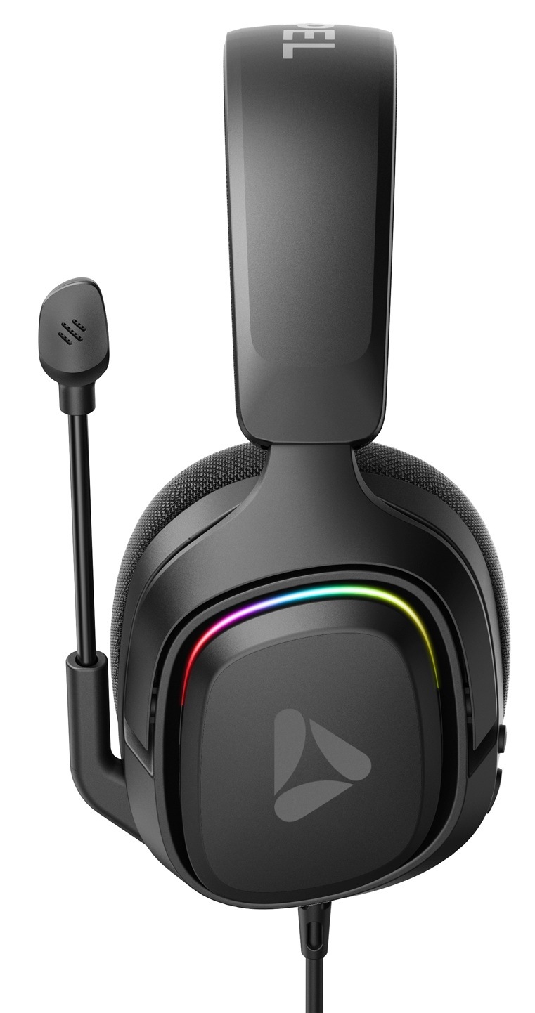 Pohled z boku na černá herní sluchátka Dispel s polohovatelným mikrofonem a RGB podsvícením
