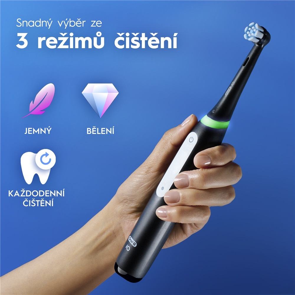 3 režimy čištění s kartáčkem Zubní kartáček Oral-B Black, 4 náhradní hlavice iO Series 3