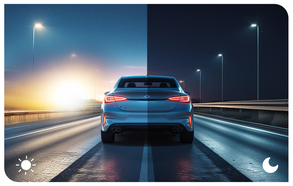 Autokamera Dahua zachycující jízdu automobilem za denního a nočního provozu