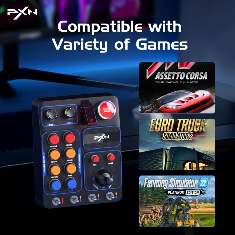 Ovládací panel PXN CB1 Control Box, PC černý Herní ovladač PXN s barevnými tlačítky vedle obalů her Assetto Corsa, Euro Truck Simulator 2 a Farming Simulator 22; výrazný, energický design.