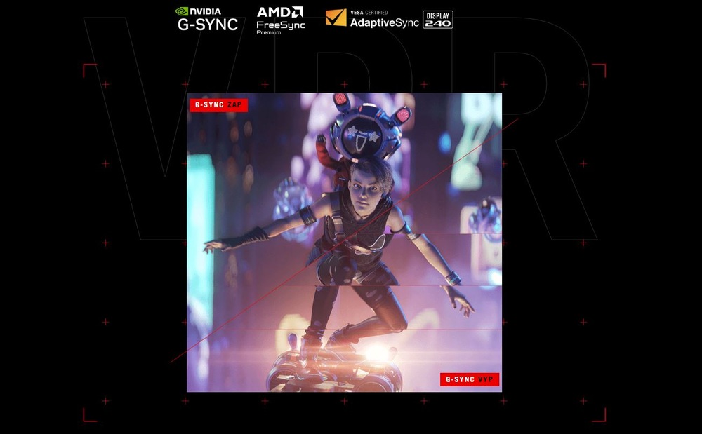 Futuristická postava s krátkými vlasy a zářícími doplňky se vznáší na high-tech prkně v neonově osvětlené městské krajině. Scéna vyzařuje vzrušení a pohyb.