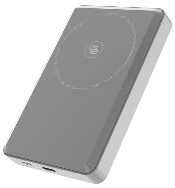 Magnetická powerbanka GoGEN 10000 mAh s bezdrátovým nabíjením typu MagSafe a Qi2 v šedé barvě