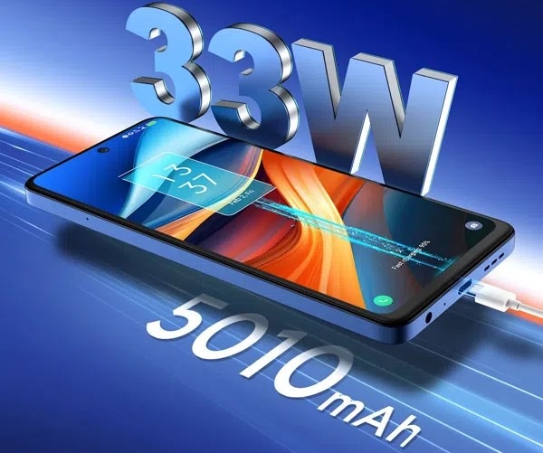 Mobilní telefon TCL 50SE / 128 GB šedý Snímek zobrazuje telefon při nabíjení, s důrazem na funkci rychlonabíjení.