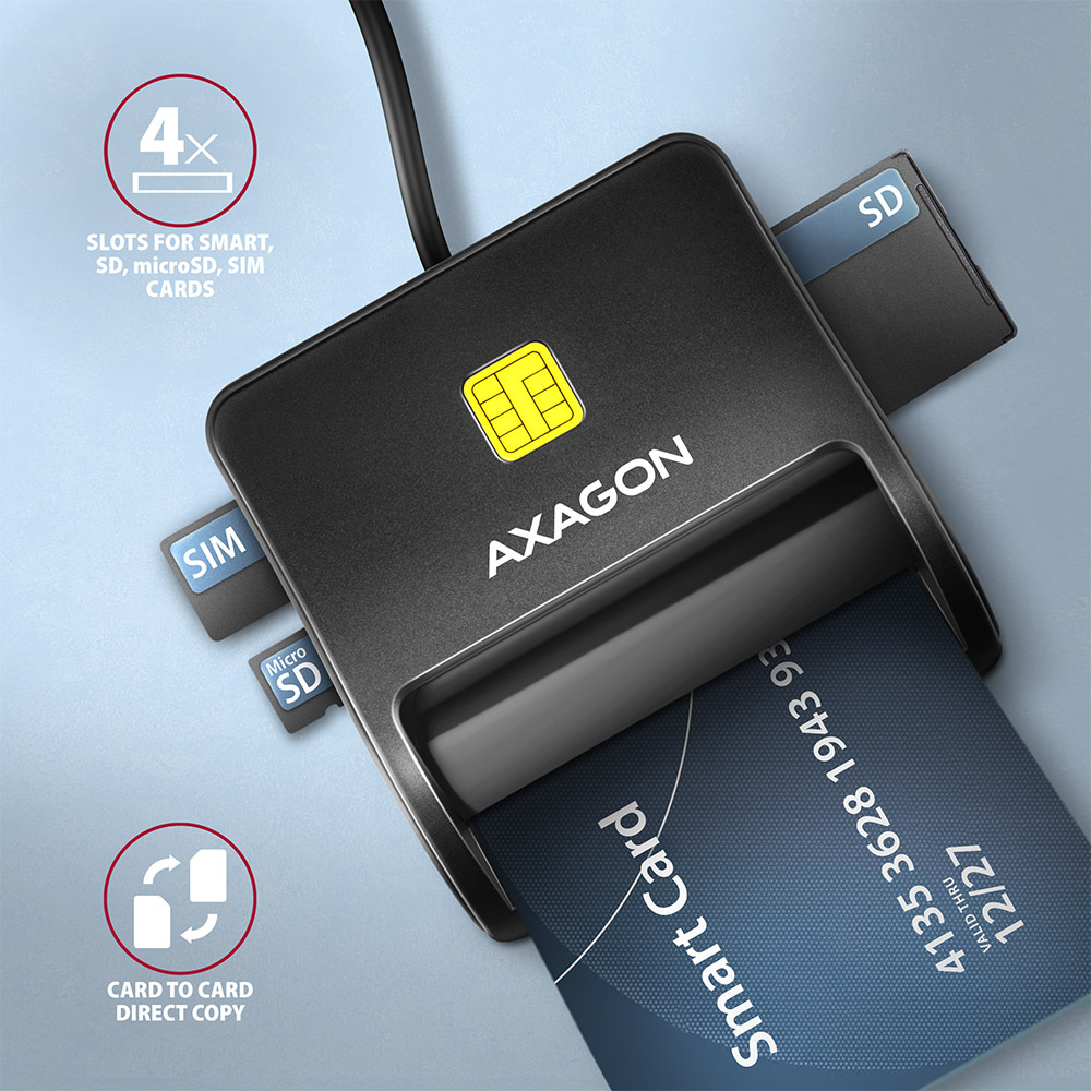 Čtečka eObčanek Axagon USB-A FlatReader 4-slot + SD/microSD/SIM, 1,3 m černá