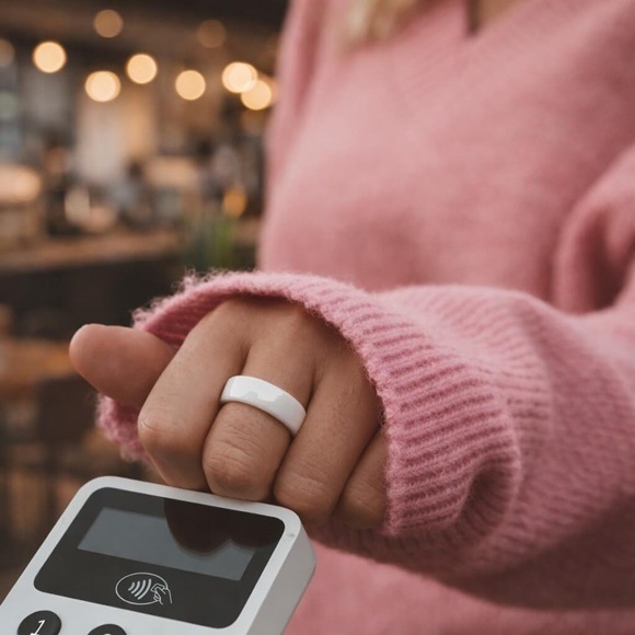 Platební prsten Carneo Pay Ring velikost 6 (16,50 mm) bílý Žena přikládá prsten k platebnímu terminálu.