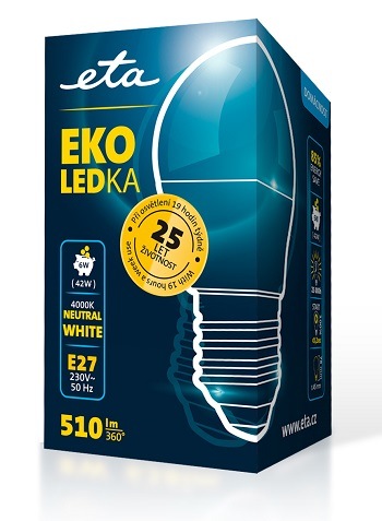Žárovka LED ETA EKO LEDka mini globe 6W, E27, neutrální bílá Žárovka ETAG45W6NW01, úspora