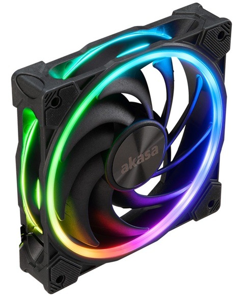 Ventilátor AKASA SOHO AR, 120 mm, ARGB, PWM černý Detail obrázku ventilátoru s RGB osvětlením.