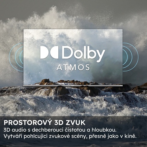 Televize Haier , kolem níž jsou zobrazeny zvukové vlny dolby atmos