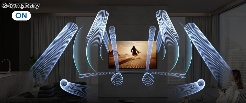 Soundbar Samsung HW-Q800H černý proudy zvuku vedoucí ze soundbaru Samsung a televize Samsung. Na televizi je obraz muže v poušti.