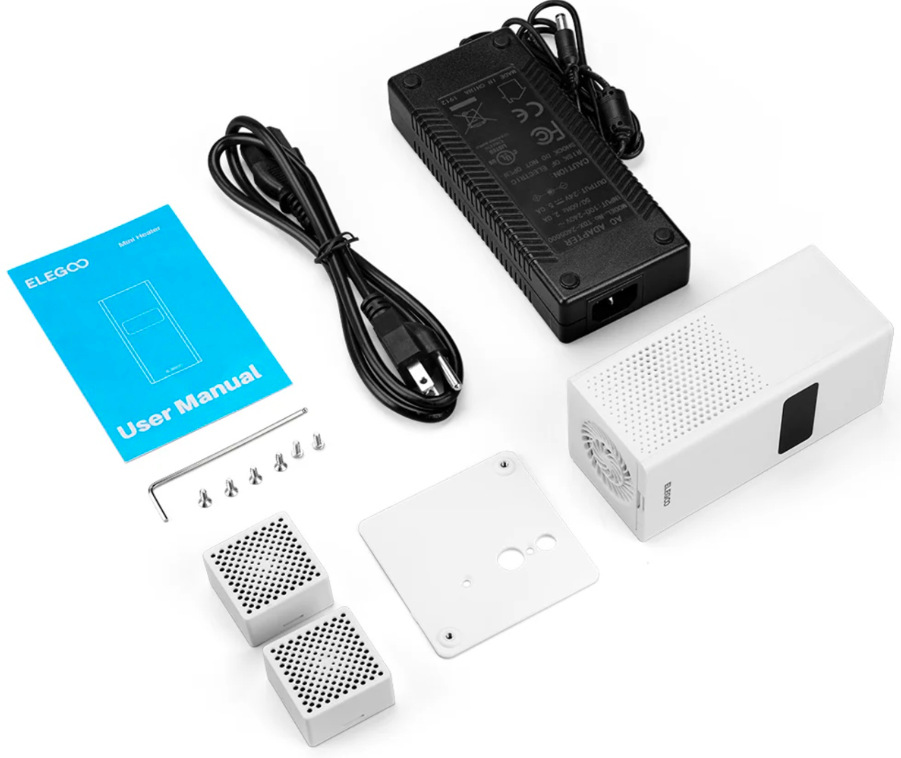 Obsah balení Elegoo Mini Heater včetně filtrů, adaptéru a montážního příslušenství