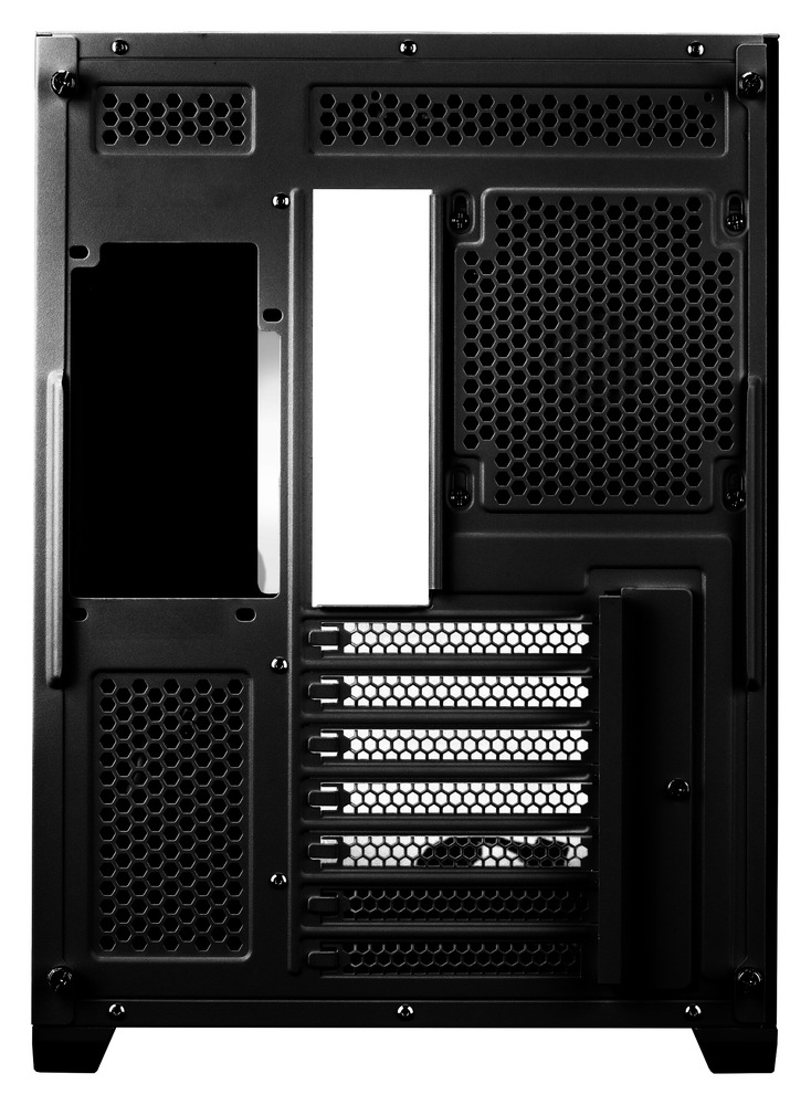 Case Cooler Master Elite 681 černá Na snímku je počítačová skříň Master Elite 681 v černé barvě. Je zde zachycen pohled na zadní stranu s větracími otvory.