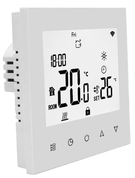 Termostat Elektrobock PT740W-NP WIFI bílý Boční pohled na digitální termostat Elektrobock PT740W-NP WiFi s LCD displejem