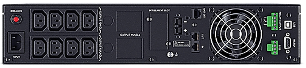 Záložní zdroj CyberPower Professional Advanced OnLine S 2000VA/1800W,2U černý Na obrázku je zadní panel UPS CyberPower s 8 zásuvkami IEC C13 pro napájení připojených zařízení. Vlevo je jistič a vstupní napájecí konektor, uprostřed prostor pro rozšiřující kartu a komunikační porty a vpravo velký chladicí ventilátor, USB, RS232 a zelené svorky pro další připojení. Panel působí technicky a je určený pro profesionální použití.
