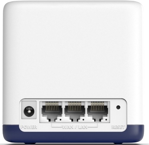 Komplexní Wi-Fi systém Mercusys Halo H50G (2 ks) bílý Zadní strana jednotky Mercusys Halo H50G ukazuje konektorovou výbavu. Vlevo je kulatý napájecí konektor, uprostřed tři síťové porty WAN/LAN pro připojení kabelového internetu nebo zařízení přes ethernet a vpravo malé tlačítko Reset. Zařízení má bílé tělo se zaoblenými hranami a tmavě modrou spodní základnu.