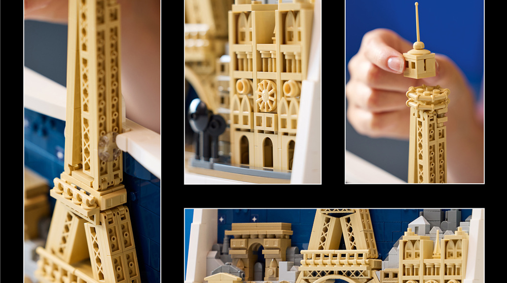 Model zachycuje Eiffelovu věž, Notre-Dame, Vítězný oblouk, Louvre i panorama Paříže v jednom obraze.