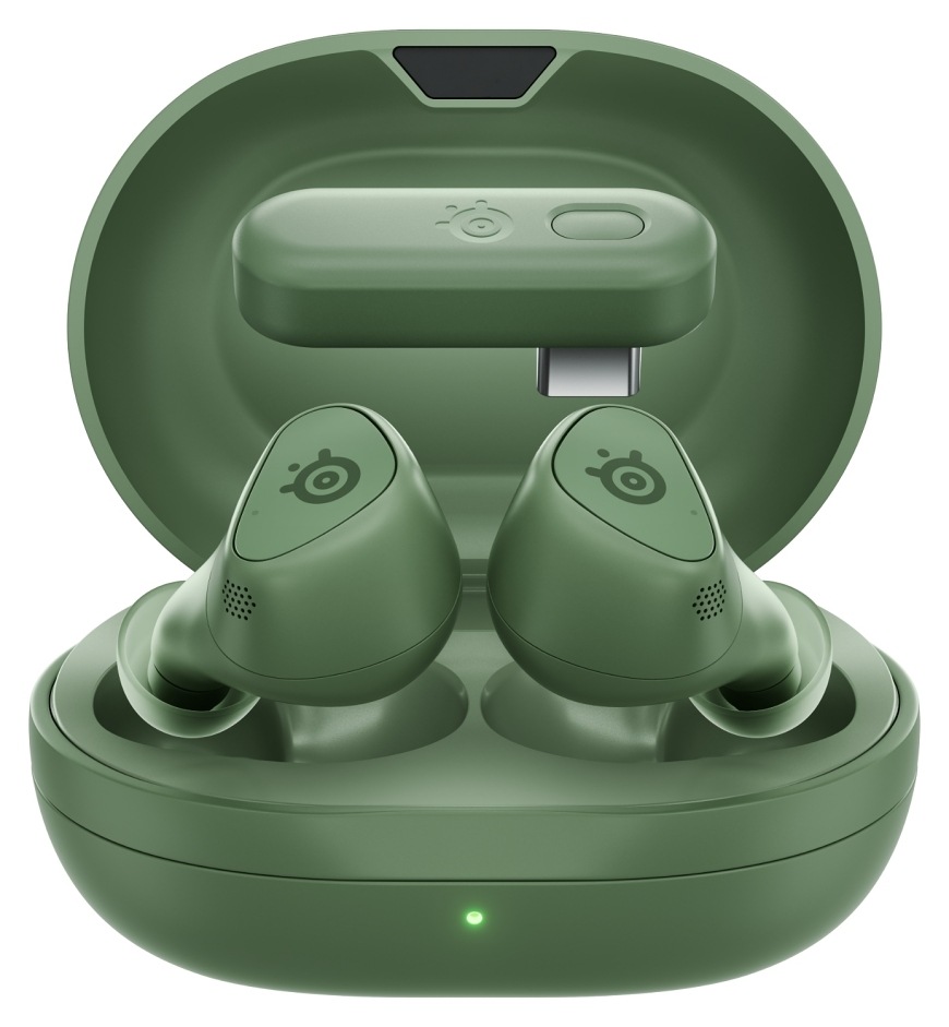 Zelená herní sluchátka SteelSeries Arctis GameBuds Matcha v otevřeném nabíjecím pouzdře