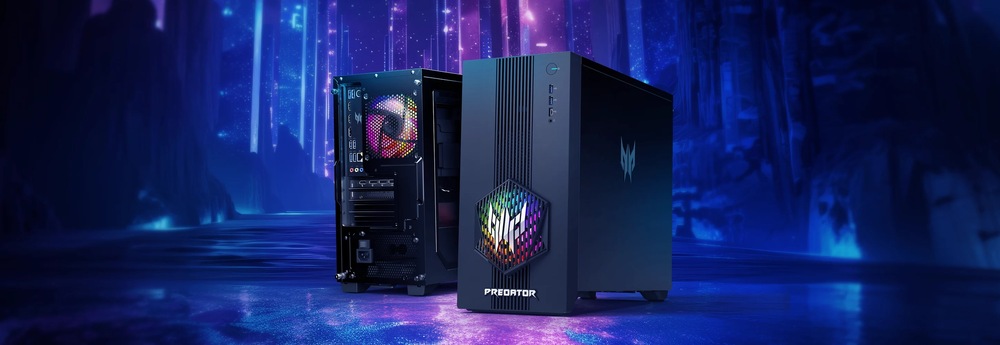 Přední a zadní strana herního počítače s RGB osvětlením na futuristickém neonově modrém pozadí. Jedna odhaluje barevné ventilátory, druhá má nasvícené logo na přední straně.
