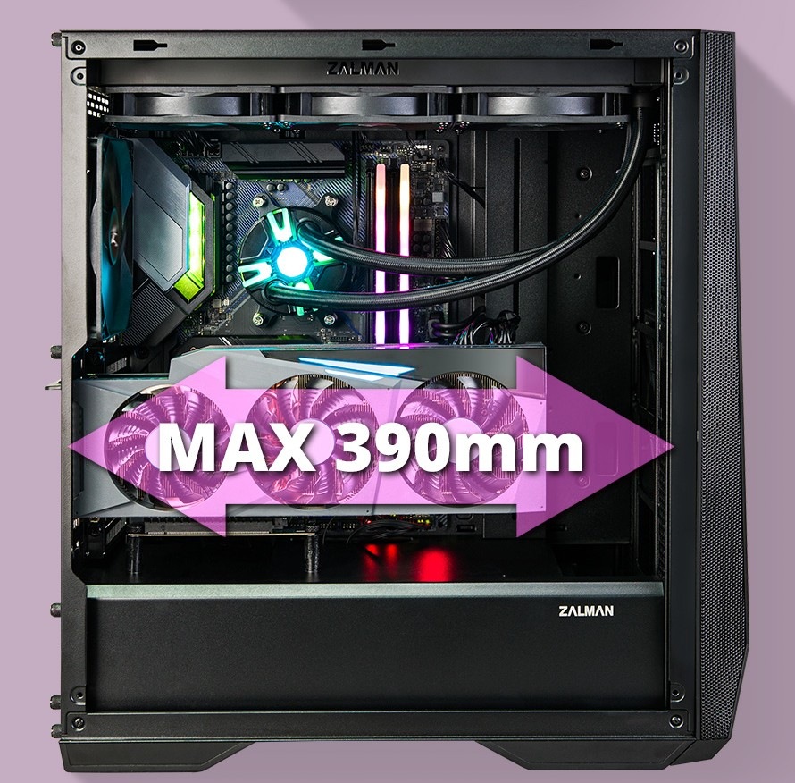 Case Zalman Z9 Iceberg černá Boční pohled na PC skříň Zalman Z9 Iceberg s místem až pro 390mm grafiku