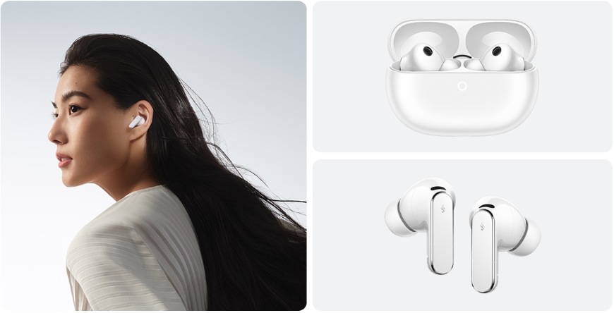 Sluchátka Huawei FreeBuds Pro 5 béžová Profil ženy s nasazeným sluchátkem Huawei FreeBuds Pro 5, detail pouzdra a sluchátek